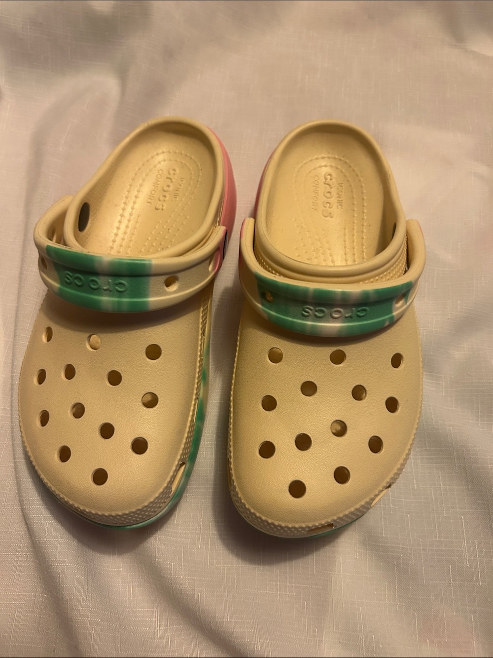 CROCS Kids Clog in Beige with Mint and Pink Tie-Dye Accent